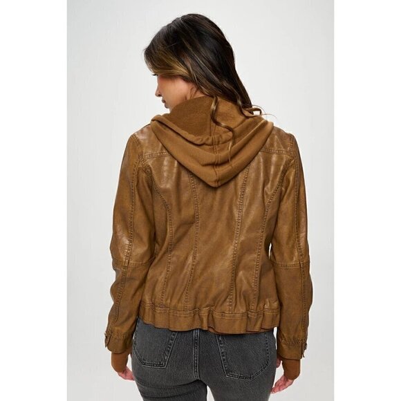 Coalition LA Camel Bomber Jacket Hoodie Double Zip Vegan Leather Sz Large NWT - Picture 3 of 12
